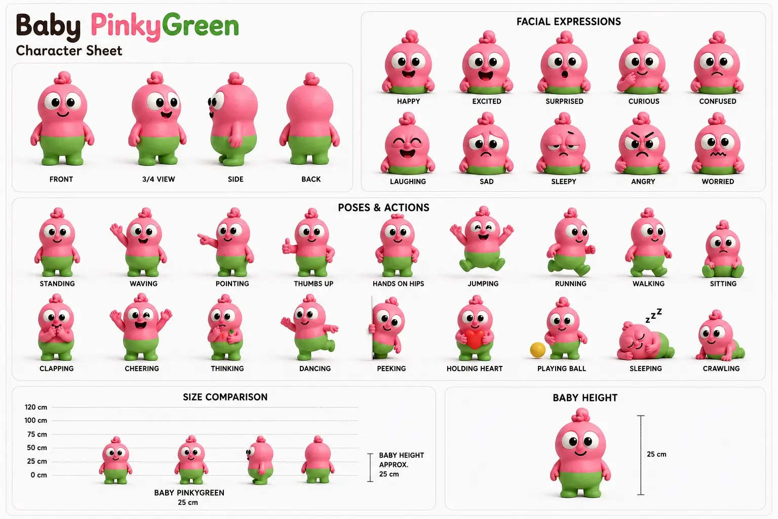 کاراکترشیت نهایی Baby PinkyGreen با نماها، حالات چهره، حرکات و مقیاس